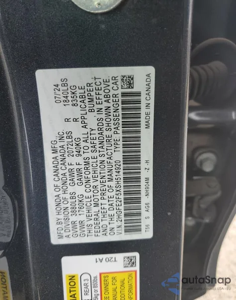 2025 Honda Civic Sport из США, поврежденный, VIN 2HGFE2F5XSH514920